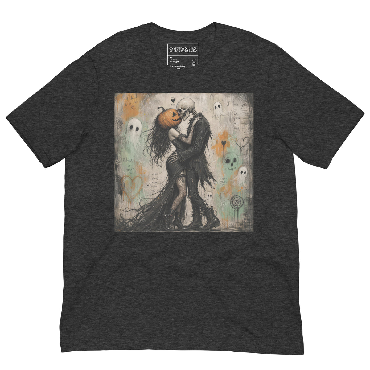 Dark grey heather unisex t-shirt with the 'Everlasting Love' goth graphic: a pumpkin-headed skeleton embracing a woman in a flowing black dress, surrounded by ghosts