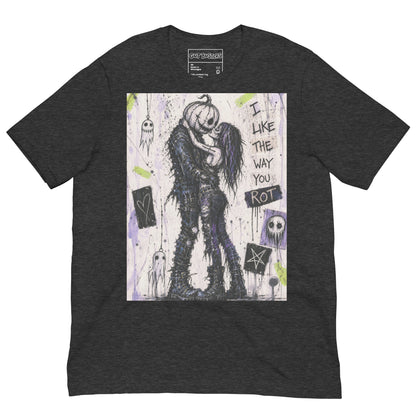Dark grey heather unisex t-shirt with the 'I Like The Way You Rot' goth graphic: a pumpkin-headed zombie kissing a purple-haired goth girl, with the words "I like the way you rot"