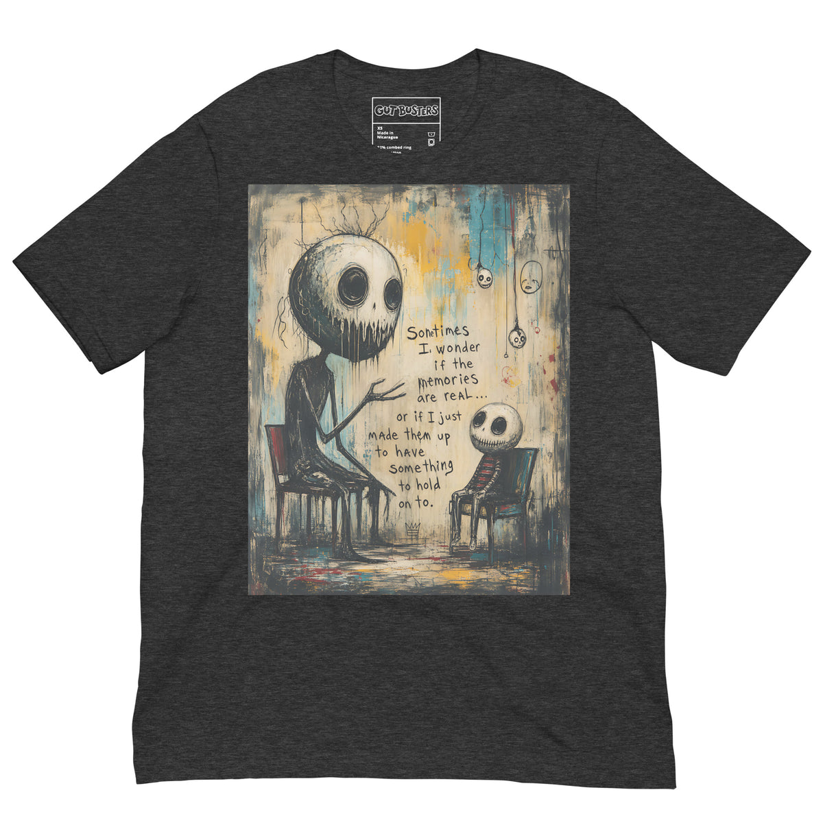 Dark grey heather unisex t-shirt with the 'Memories' goth graphic: two skull-faced figures sitting in chairs, with the words "Sometimes I wonder if the memories are real"