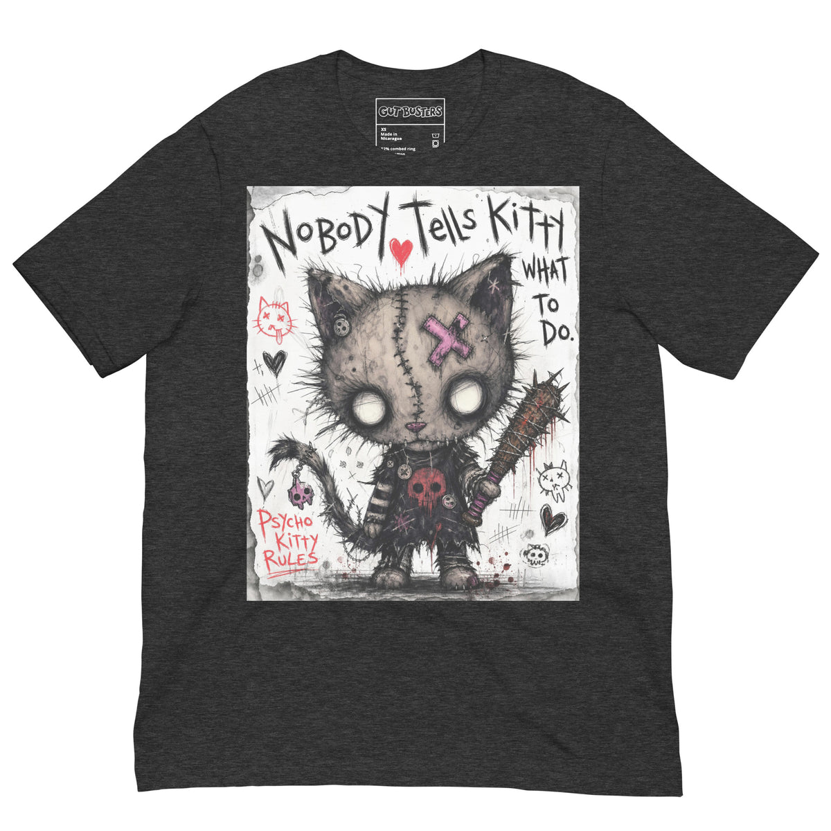Dark grey heather unisex t-shirt with the 'Kitty' goth graphic: a stitched zombie cat holding a spiked bat, with the words "Nobody tells Kitty what to do"