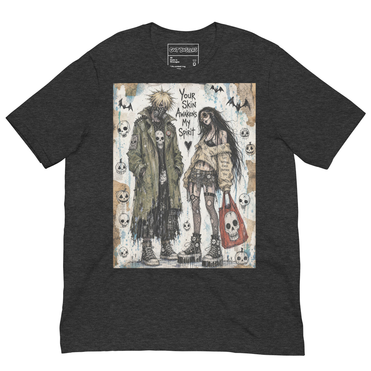 Dark grey heather unisex t-shirt with the 'Your Skin Awakens My Spirit' goth graphic: a grunge zombie couple standing together, with the words "Your skin awakens my spirit"