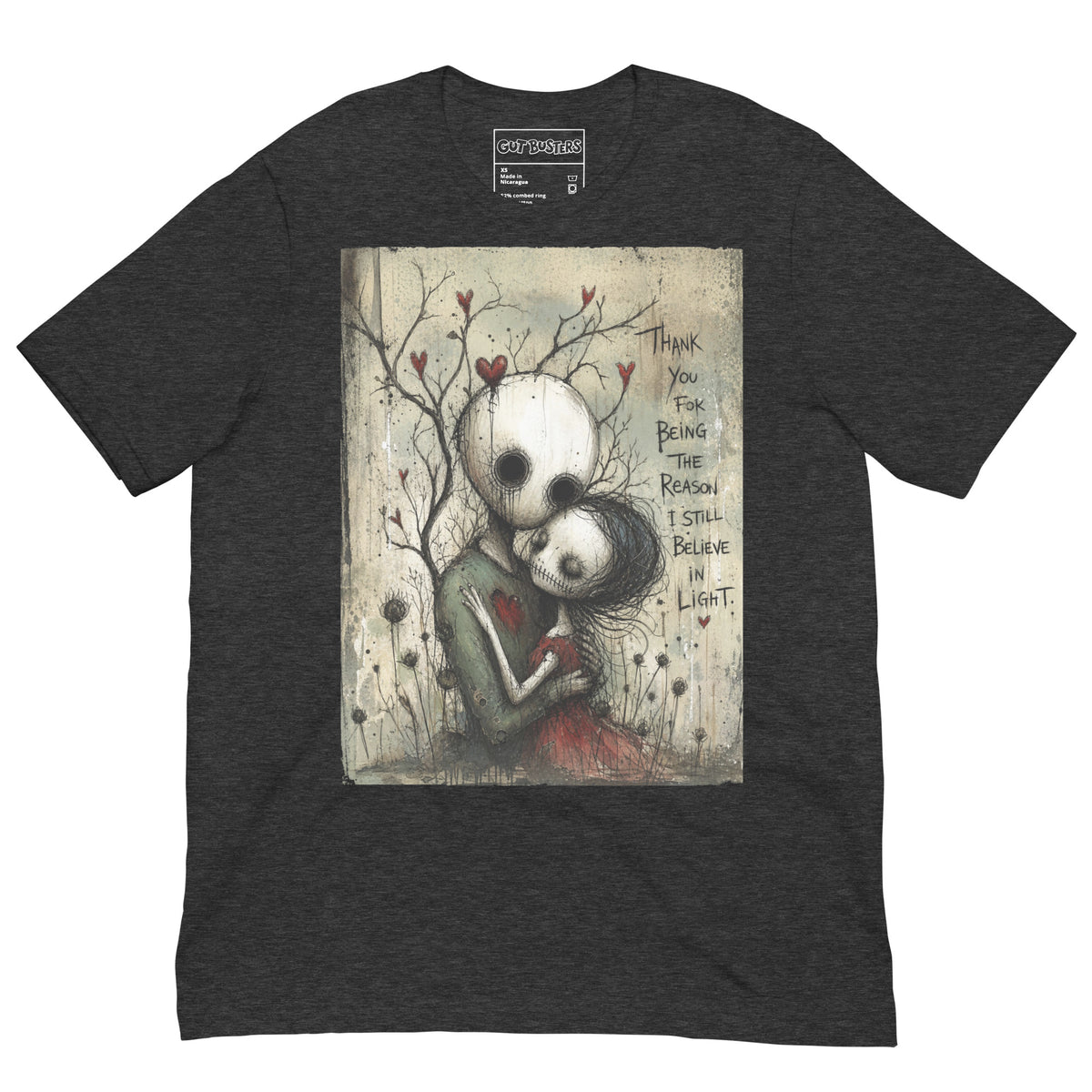 Dark grey heather unisex t-shirt with the 'My Light In Dark Places' goth graphic: a skull-faced couple embracing under a bare tree with red hearts, with the words "Thank you for being the reason I still believe in light"