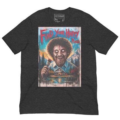 Dark grey heather unisex t-shirt with the 'Find Your Happy Place' goth graphic: a zombie painter with a curly afro holding a paintbrush in front of a lakeside cabin, with the words "Find your happy place"