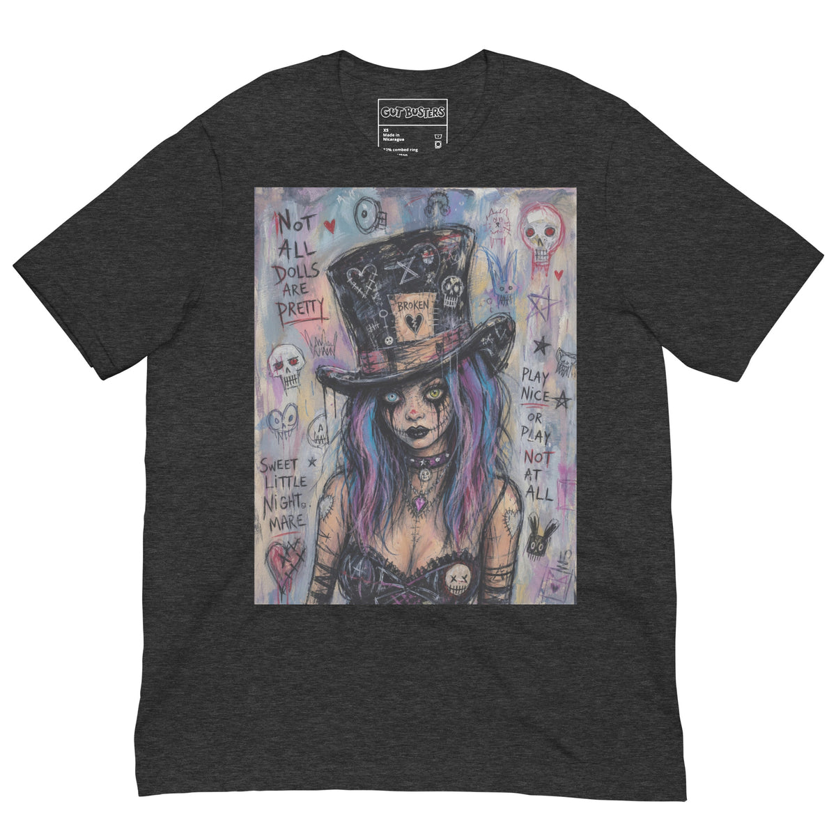 Dark grey heather unisex t-shirt with the 'The Real Alice' goth graphic: a goth girl with blue and purple hair in a patched top hat, with the words "Not all dolls are pretty"