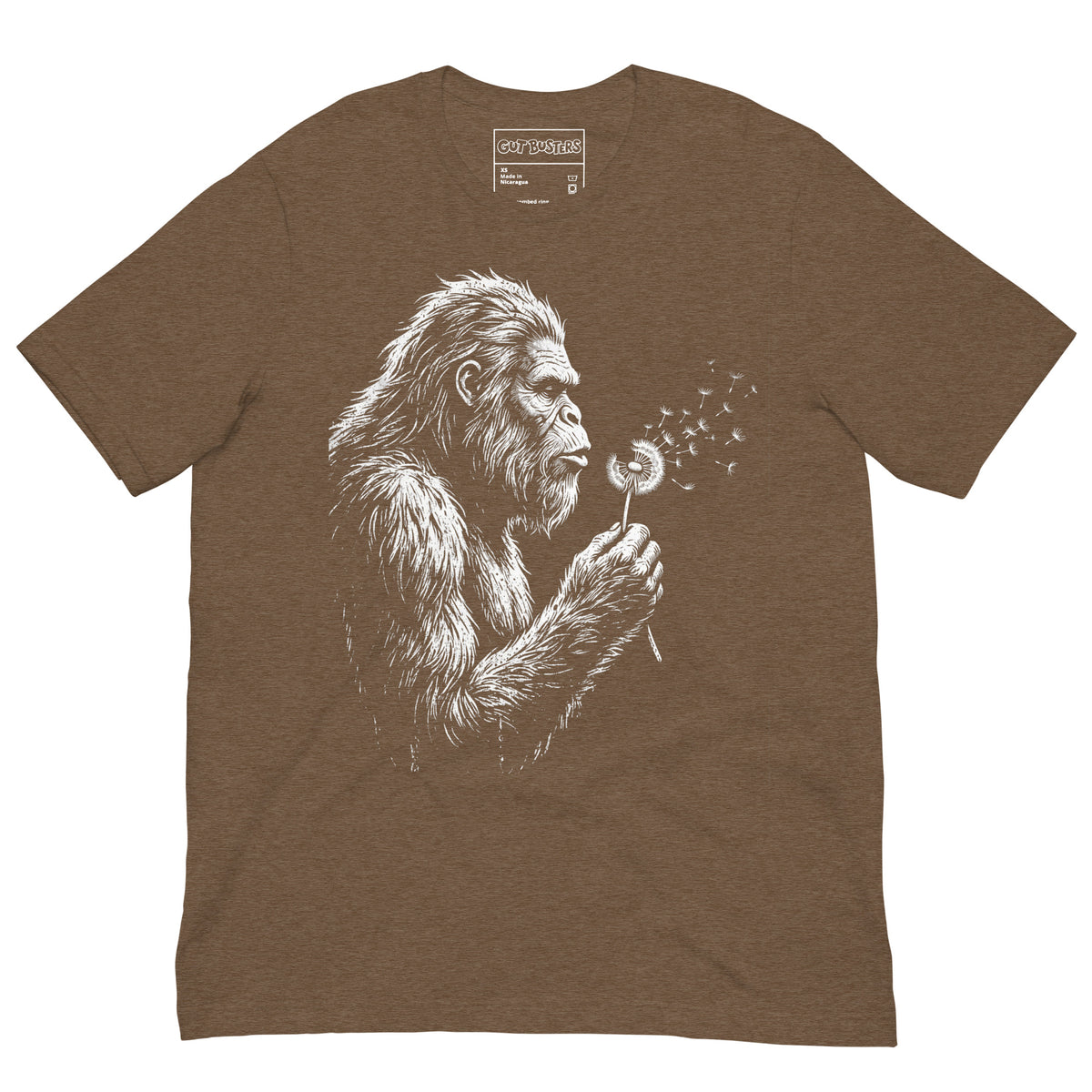 Funny "Bigfoots The Soft Giant" graphic printed on a heather brown unisex tee, front view