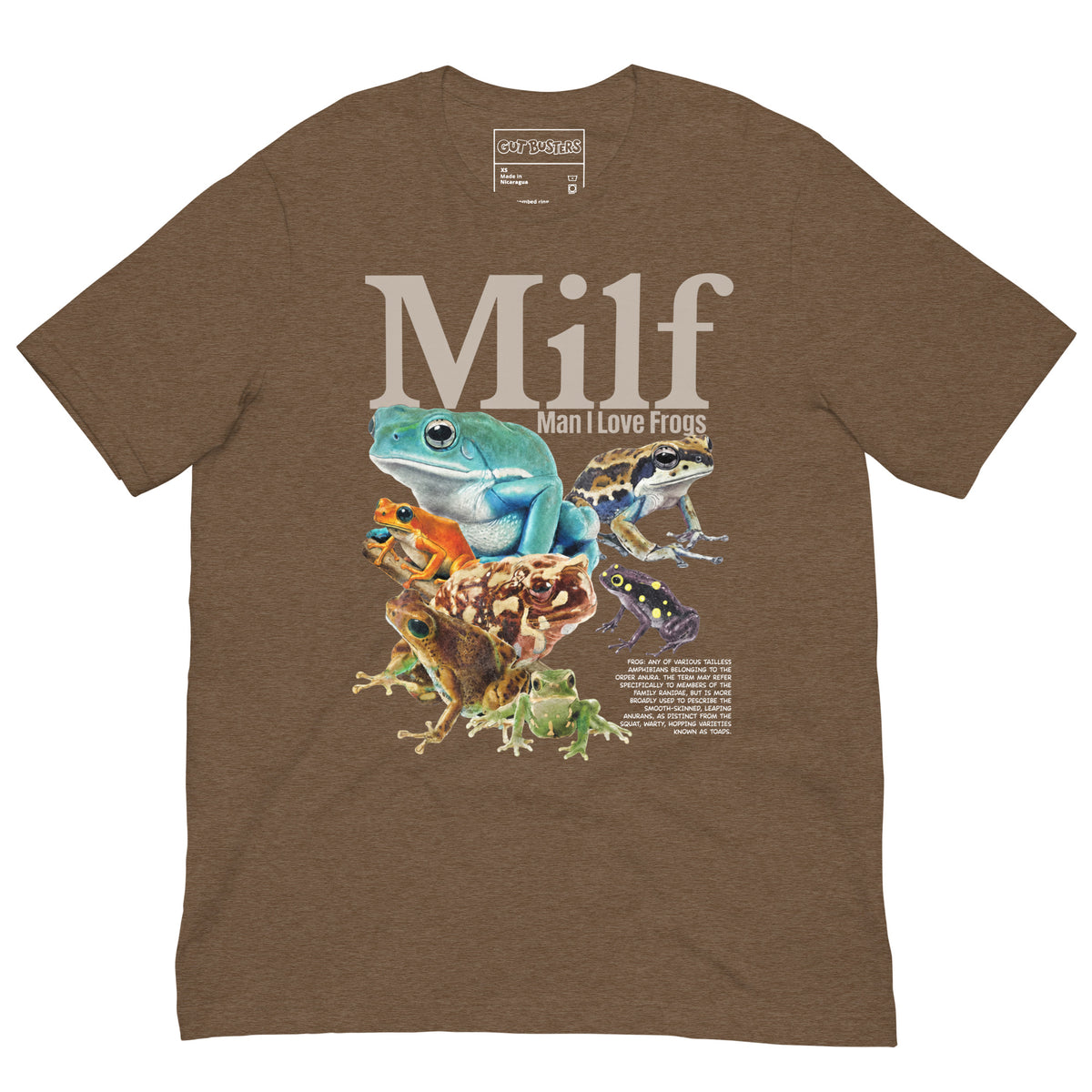 Funny "Milf: Man I Love Frog" graphic printed on a heather brown unisex tee, front view