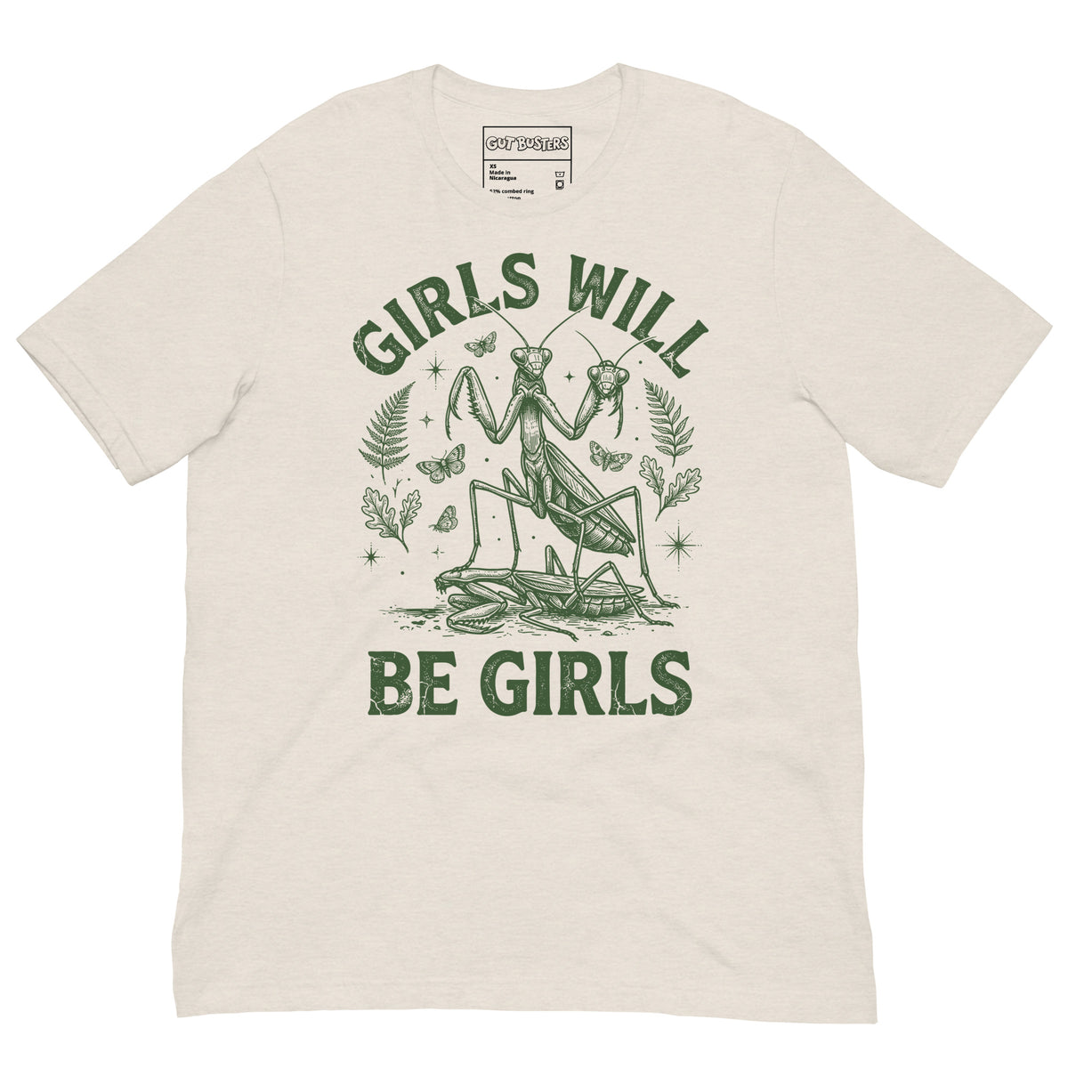 Funny "Girls Will Be Girls Praying Mantis" graphic printed on a heather dust unisex tee, front view