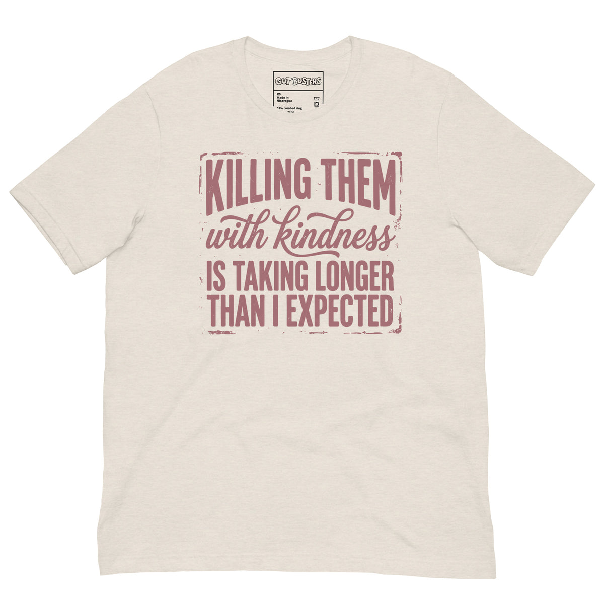 Funny "This Is Taking Way To Long" graphic printed on a heather dust unisex tee, front view