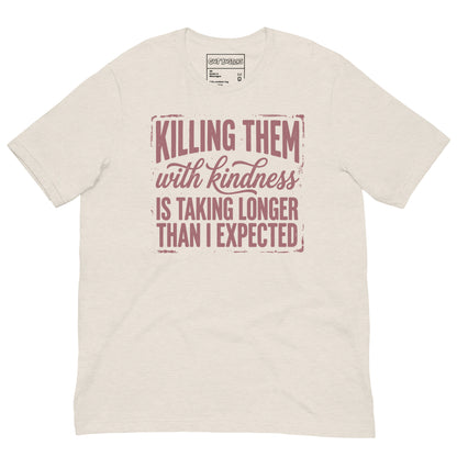 Funny "This Is Taking Way To Long" graphic printed on a heather dust unisex tee, front view
