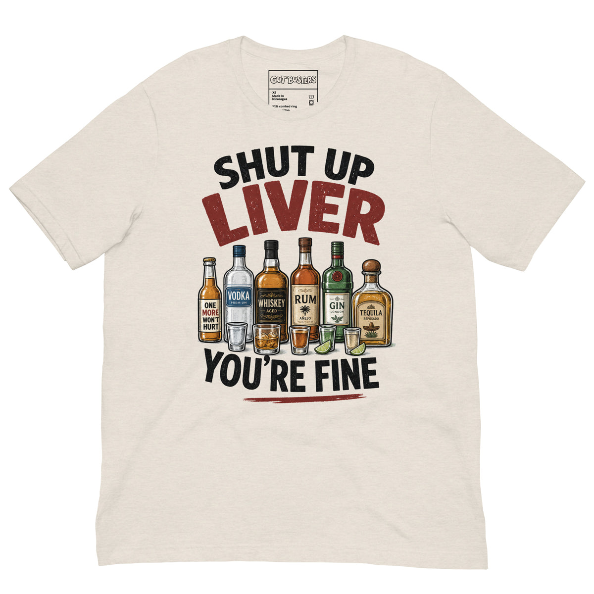 Funny "My Drinking Shirt" graphic printed on a heather dust unisex tee, front view
