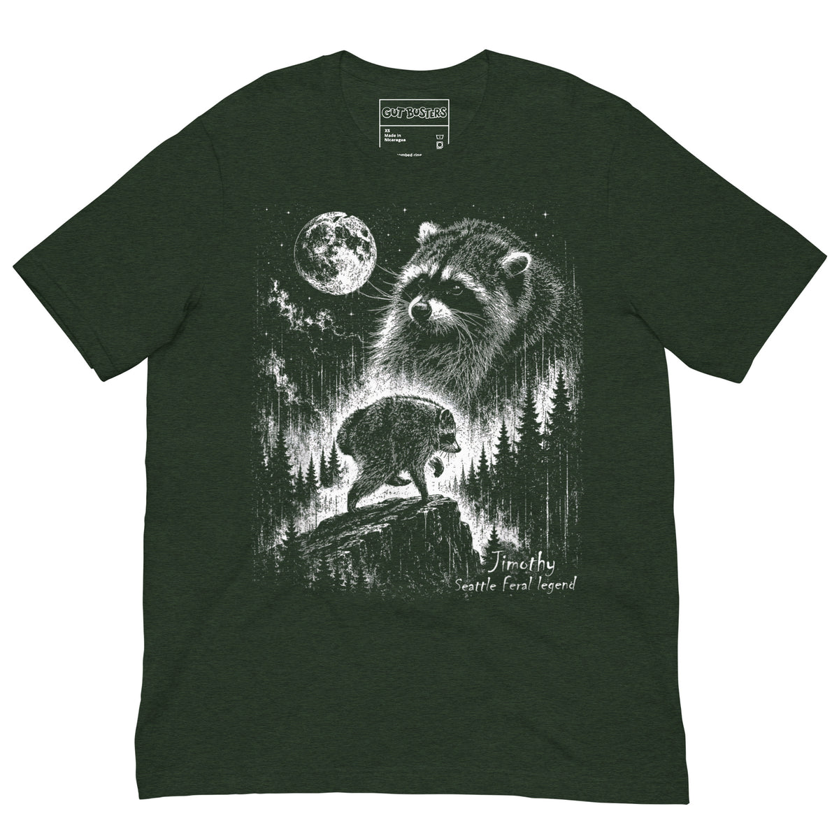 Funny "Jimothy The Raccoon Legend" graphic printed on a heather emerald unisex tee, front view