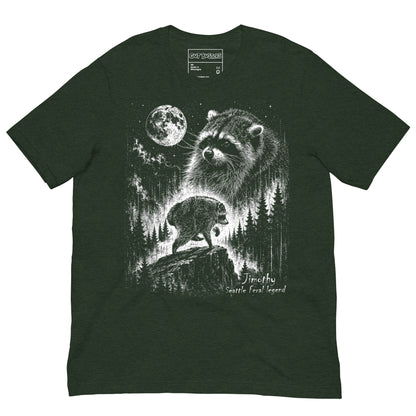 Funny "Jimothy The Raccoon Legend" graphic printed on a heather emerald unisex tee, front view