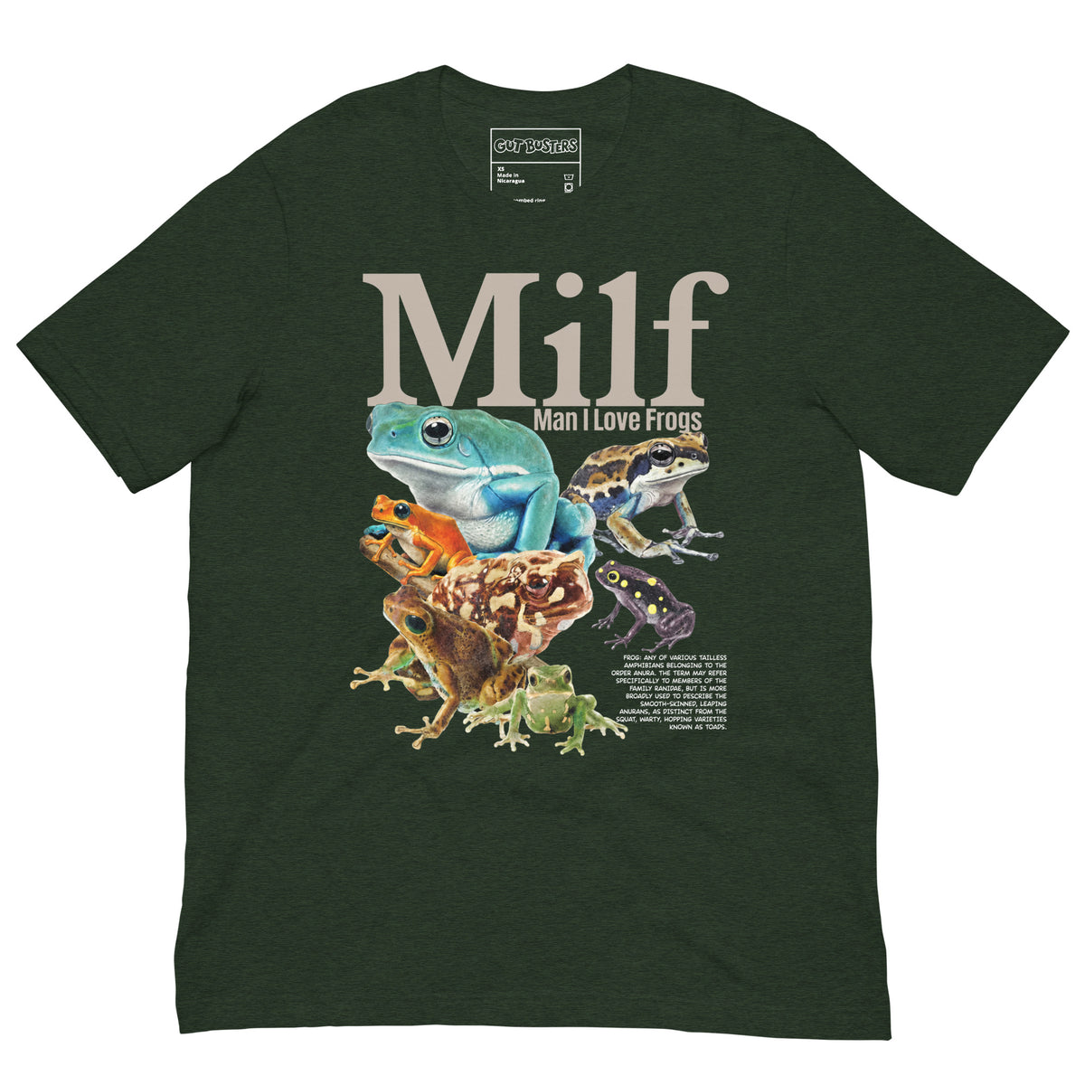 Funny "Milf: Man I Love Frog" graphic printed on a heather emerald unisex tee, front view