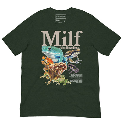 Funny "Milf: Man I Love Frog" graphic printed on a heather emerald unisex tee, front view
