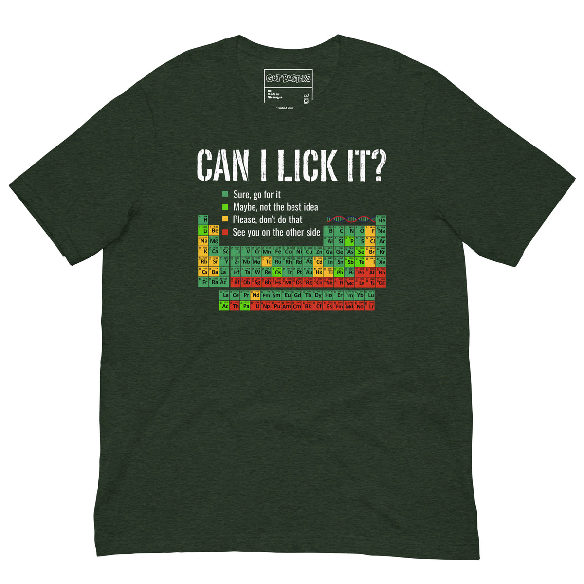 Funny "Can I Lick It? Chemistry 101" graphic printed on a heather emerald unisex tee, front view