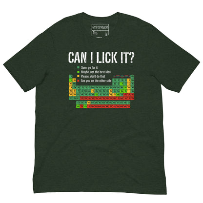 Funny "Can I Lick It? Chemistry 101" graphic printed on a heather emerald unisex tee, front view