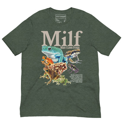 Funny "Milf: Man I Love Frog" graphic printed on a heather forest unisex tee, front view
