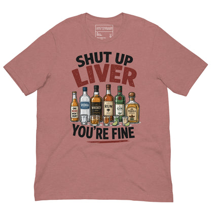 Funny "My Drinking Shirt" graphic printed on a heather mauve unisex tee, front view