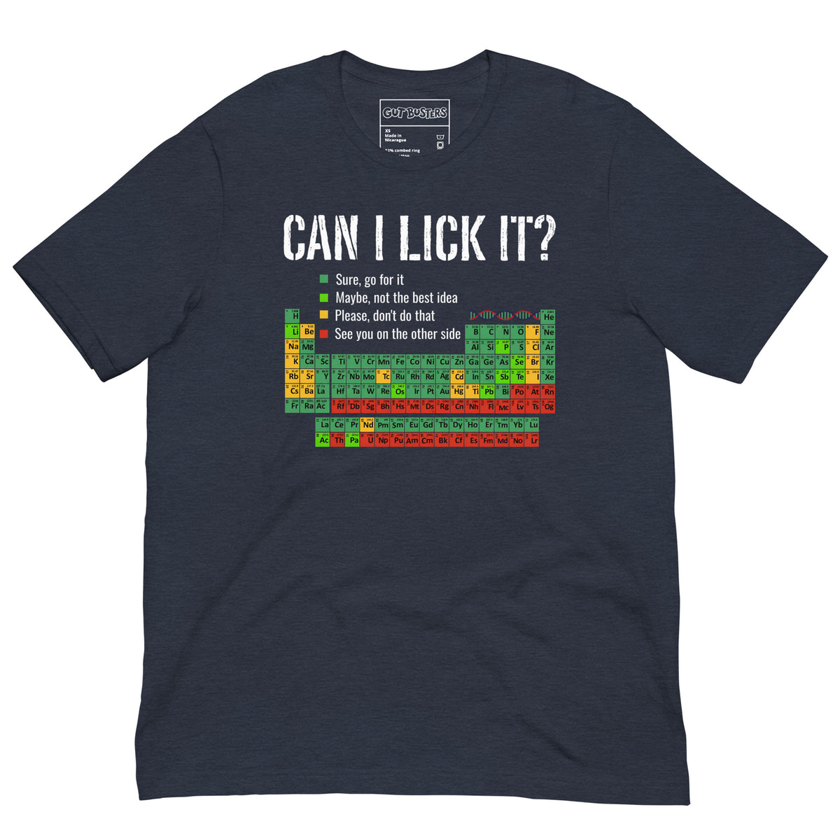 Funny "Can I Lick It? Chemistry 101" graphic printed on a heather navy unisex tee, front view