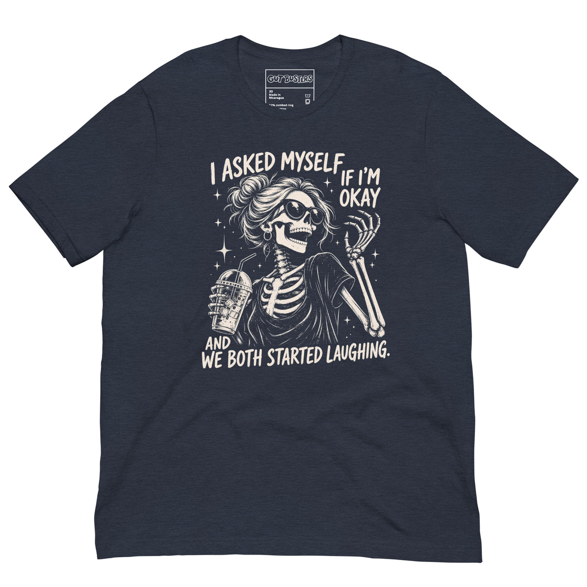 Funny "Am I Ok Self" graphic printed on a heather navy unisex tee, front view