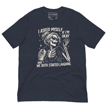Funny "Am I Ok Self" graphic printed on a heather navy unisex tee, front view