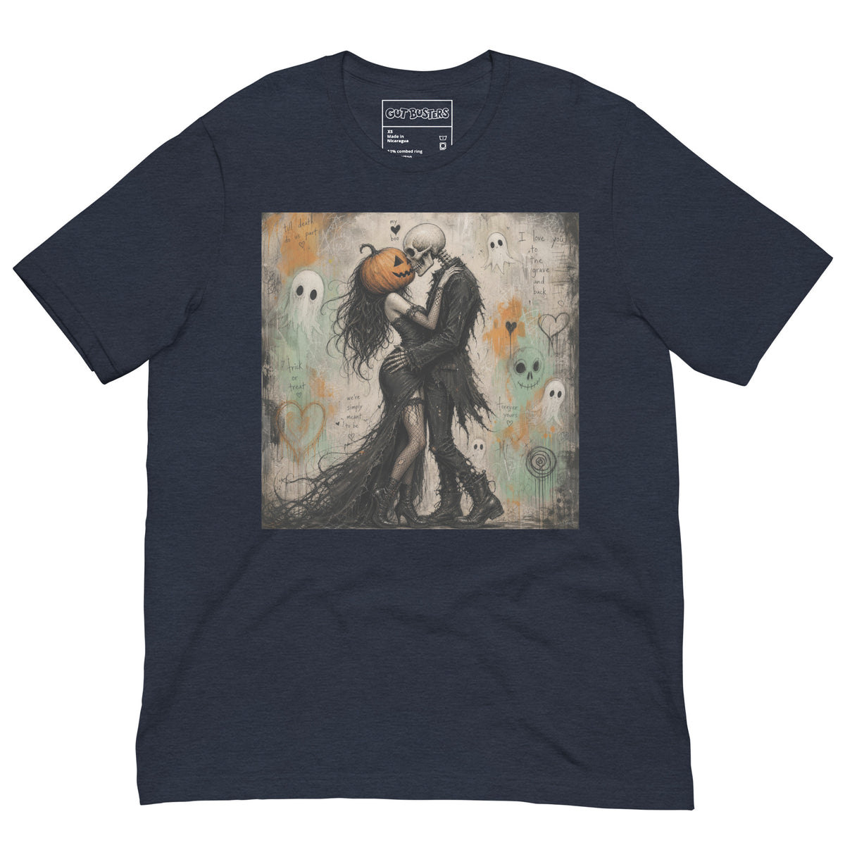 Heather navy unisex t-shirt with the 'Everlasting Love' goth graphic: a pumpkin-headed skeleton embracing a woman in a flowing black dress, surrounded by ghosts