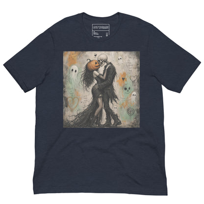 Heather navy unisex t-shirt with the 'Everlasting Love' goth graphic: a pumpkin-headed skeleton embracing a woman in a flowing black dress, surrounded by ghosts