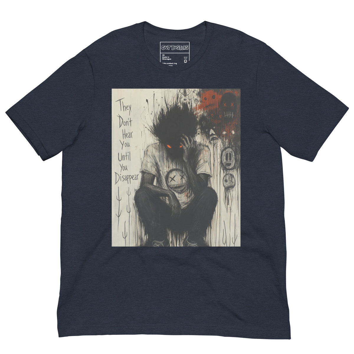 Heather navy unisex t-shirt with the 'To Late' goth graphic: a shadowy, wild-haired figure with glowing red eyes hunched over, with the words "They don't hear you until you disappear"