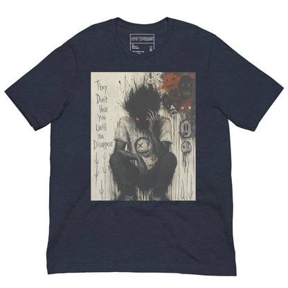 Heather navy unisex t-shirt with the 'To Late' goth graphic: a shadowy, wild-haired figure with glowing red eyes hunched over, with the words "They don't hear you until you disappear"