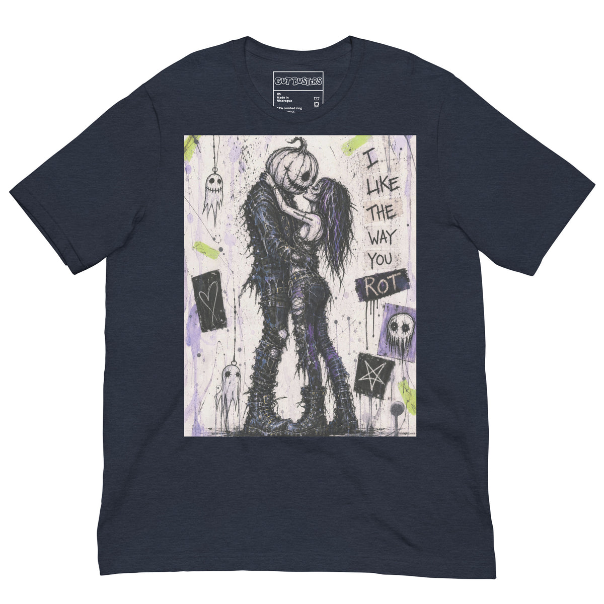Heather navy unisex t-shirt with the 'I Like The Way You Rot' goth graphic: a pumpkin-headed zombie kissing a purple-haired goth girl, with the words "I like the way you rot"