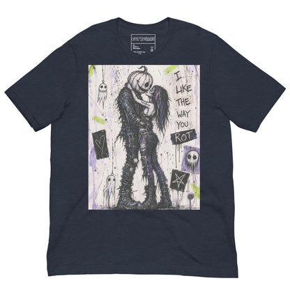 Heather navy unisex t-shirt with the 'I Like The Way You Rot' goth graphic: a pumpkin-headed zombie kissing a purple-haired goth girl, with the words "I like the way you rot"