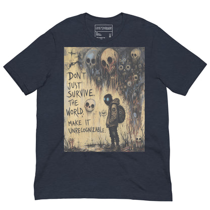 Heather navy unisex t-shirt with the 'World Changer' goth graphic: a hooded figure beneath looming skulls, with the words "Don't just survive the world, make it unrecognizable"