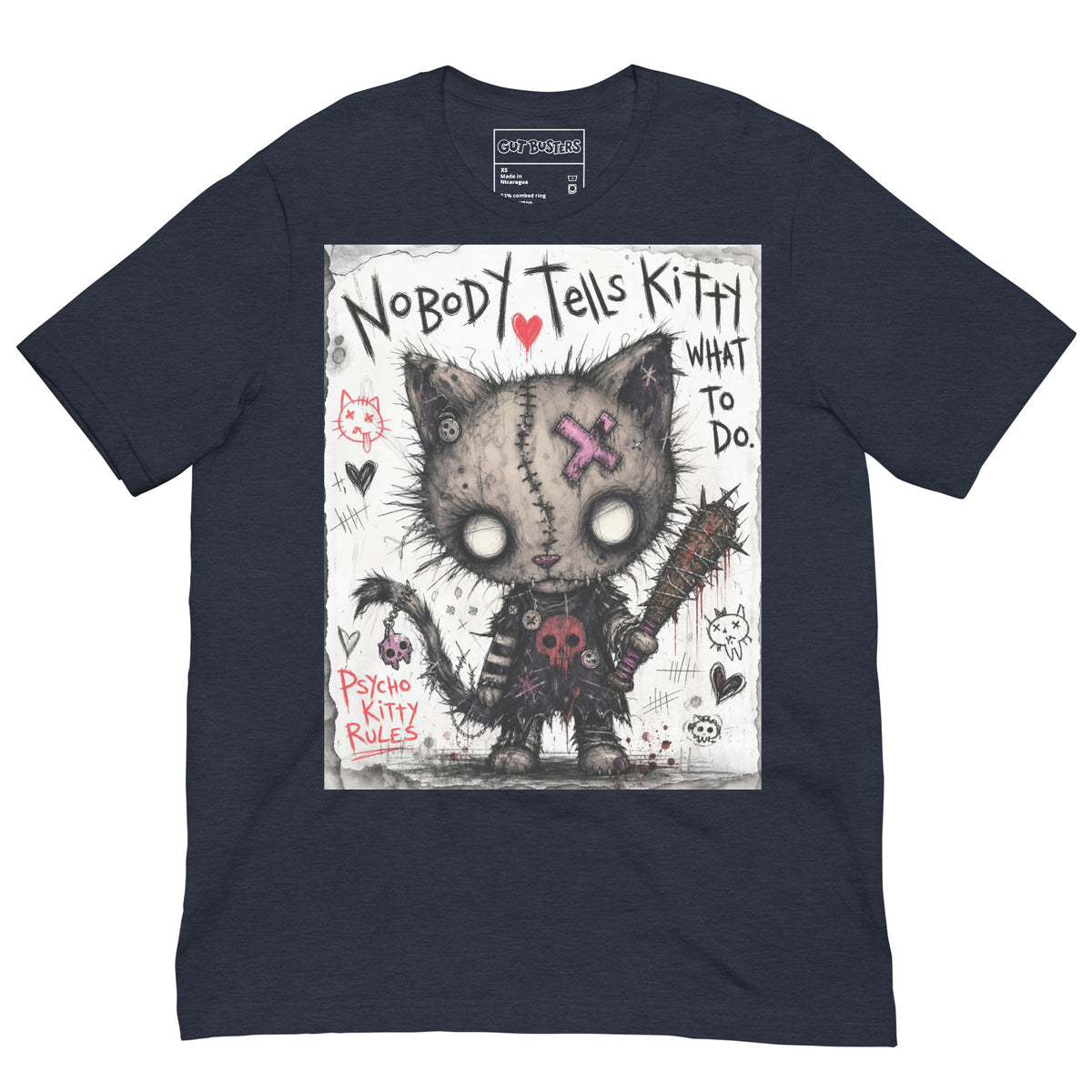 Heather navy unisex t-shirt with the 'Kitty' goth graphic: a stitched zombie cat holding a spiked bat, with the words "Nobody tells Kitty what to do"