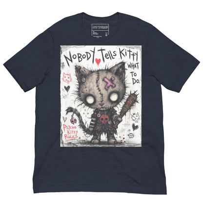 Heather navy unisex t-shirt with the 'Kitty' goth graphic: a stitched zombie cat holding a spiked bat, with the words "Nobody tells Kitty what to do"