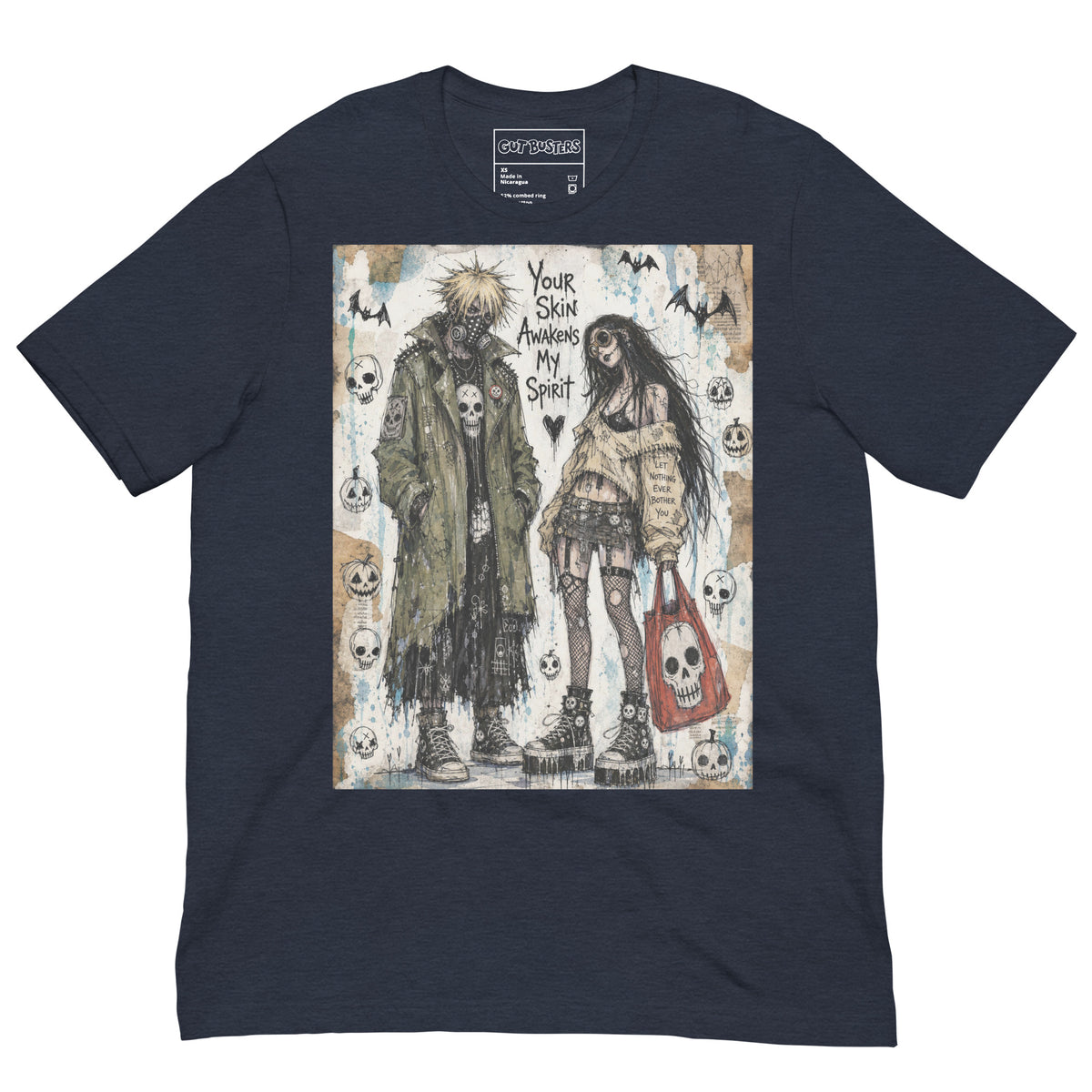 Heather navy unisex t-shirt with the 'Your Skin Awakens My Spirit' goth graphic: a grunge zombie couple standing together, with the words "Your skin awakens my spirit"