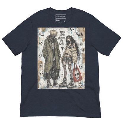 Heather navy unisex t-shirt with the 'Your Skin Awakens My Spirit' goth graphic: a grunge zombie couple standing together, with the words "Your skin awakens my spirit"