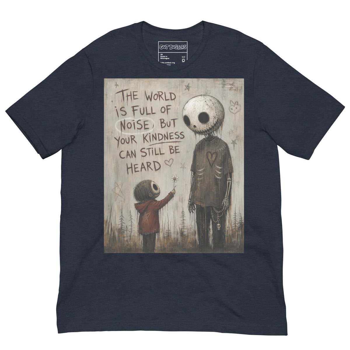 Heather navy unisex t-shirt with the 'Stay Kind' goth graphic: a tall skull-faced figure and a small child holding a flower, with the words "The world is full of noise, but your kindness can still be heard"