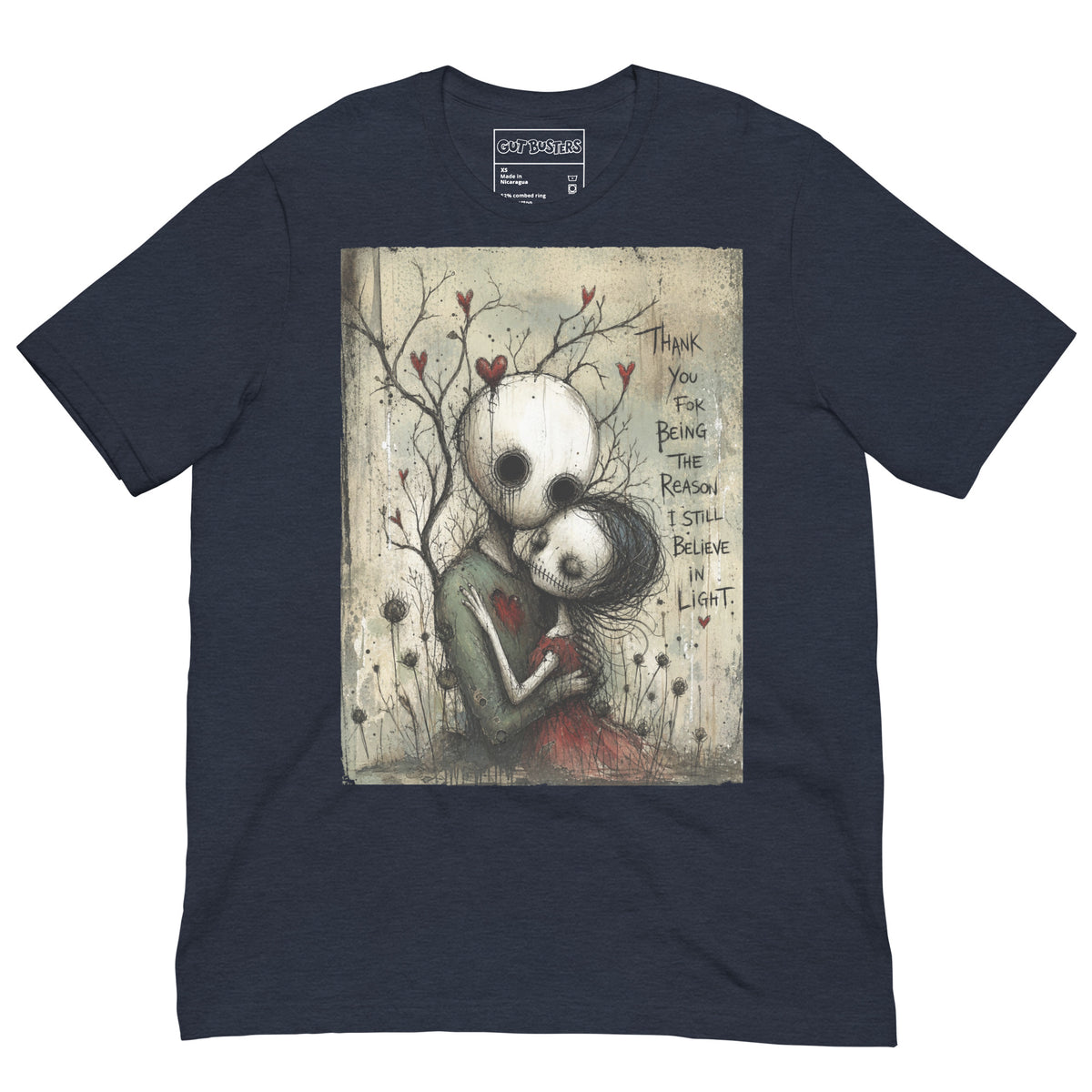 Heather navy unisex t-shirt with the 'My Light In Dark Places' goth graphic: a skull-faced couple embracing under a bare tree with red hearts, with the words "Thank you for being the reason I still believe in light"