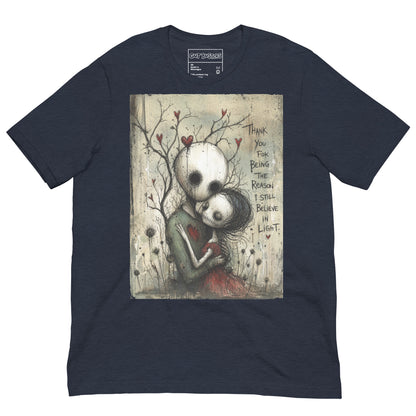 Heather navy unisex t-shirt with the 'My Light In Dark Places' goth graphic: a skull-faced couple embracing under a bare tree with red hearts, with the words "Thank you for being the reason I still believe in light"