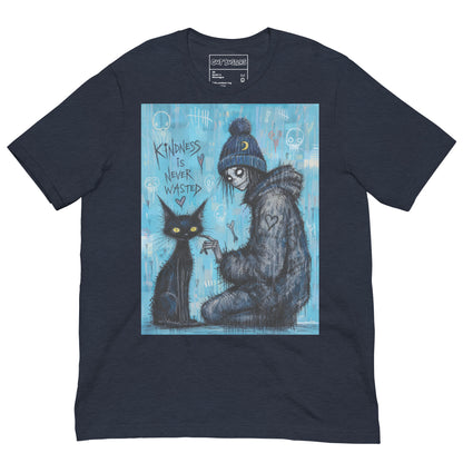 Heather navy unisex t-shirt with the 'Kindness Is Never Wasted' goth graphic: a girl in a moon beanie petting a black cat on a blue background, with the words "Kindness is never wasted"