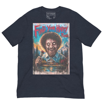 Heather navy unisex t-shirt with the 'Find Your Happy Place' goth graphic: a zombie painter with a curly afro holding a paintbrush in front of a lakeside cabin, with the words "Find your happy place"