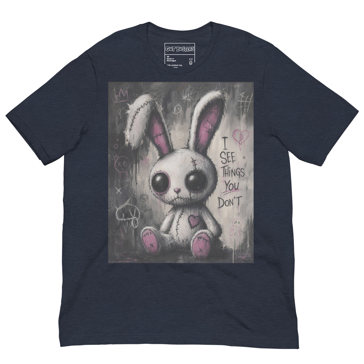 Heather navy unisex t-shirt with the 'I See Things You Don't' goth graphic: a stitched white bunny with hollow eyes, with the words "I see things you don't"