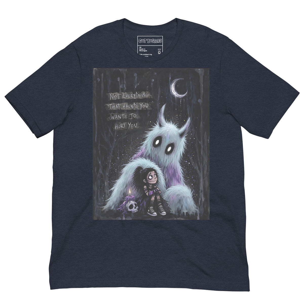 Heather navy unisex t-shirt with the 'The Haunted' goth graphic: a little goth girl holding a candle beside a fuzzy blue monster under a crescent moon, with the words "Not everything that haunts you wants to hurt you"