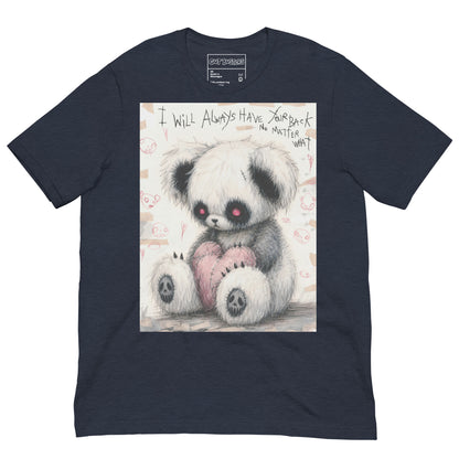 Heather navy unisex t-shirt with the 'Always Got Your Back' goth graphic: a stitched panda-style teddy bear holding a pink heart, with the words "I will always have your back no matter what"