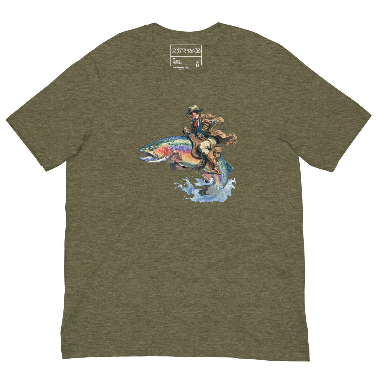 Funny "Salmon Wrangler...They're Real" graphic printed on a heather olive unisex tee, front view