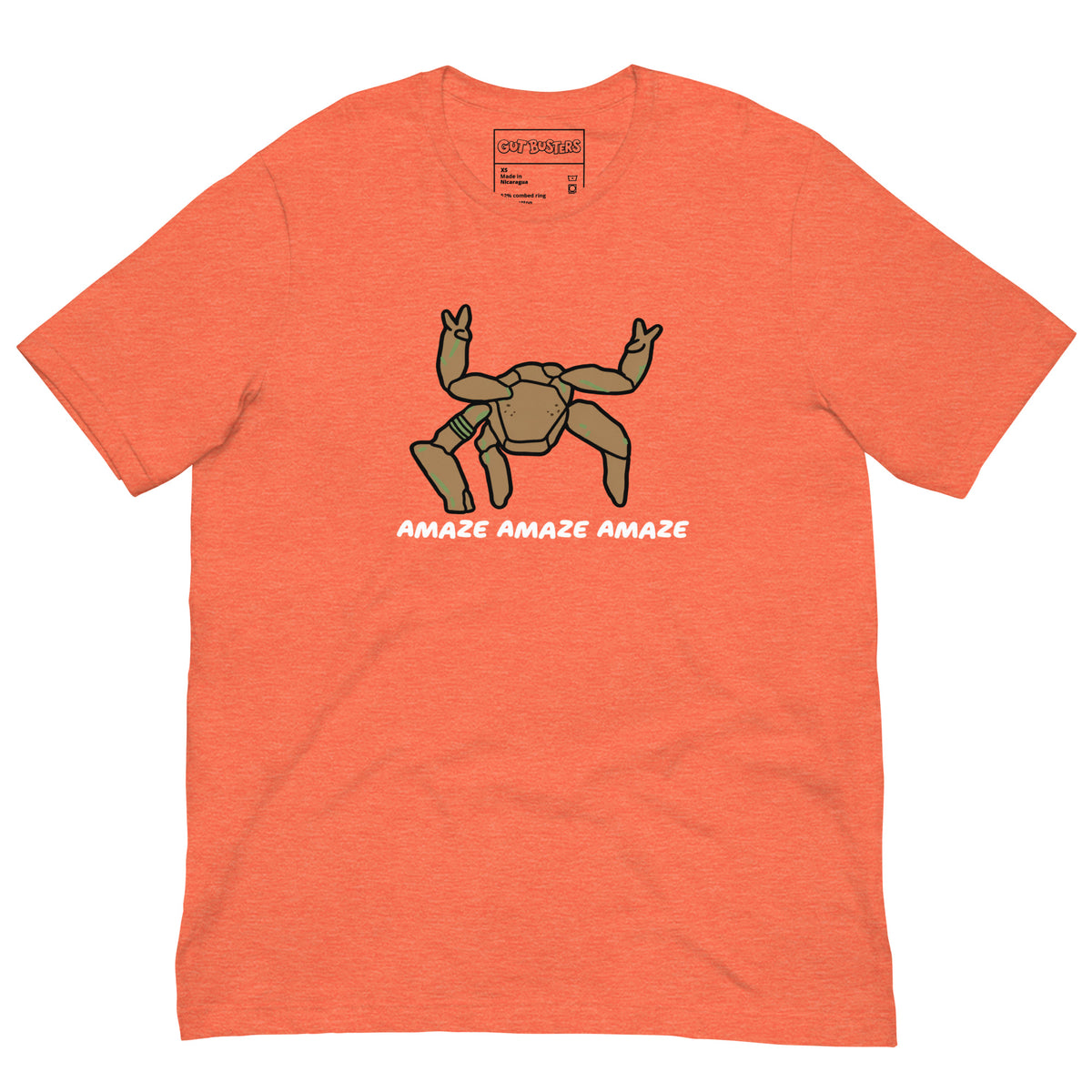 Funny "Rocky The Alien" graphic printed on a heather orange unisex tee, front view