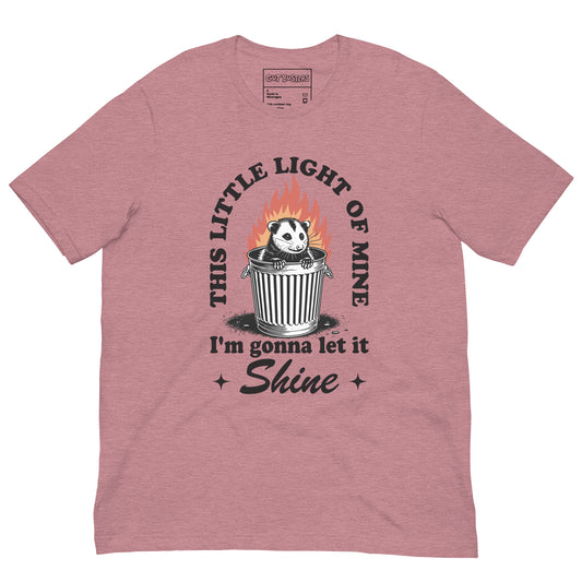 Funny "This Little Light Of Mine" graphic printed on a heather orchid unisex tee, front view