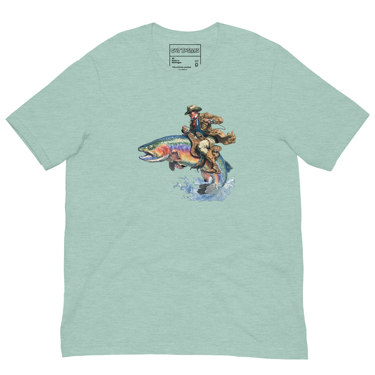 Funny "Salmon Wrangler...They're Real" graphic printed on a heather prism dusty blue unisex tee, front view
