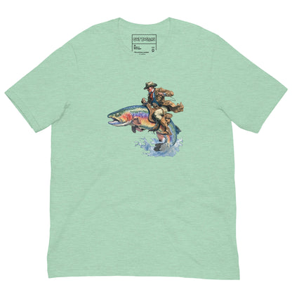 Funny "Salmon Wrangler...They're Real" graphic printed on a heather prism mint unisex tee, front view
