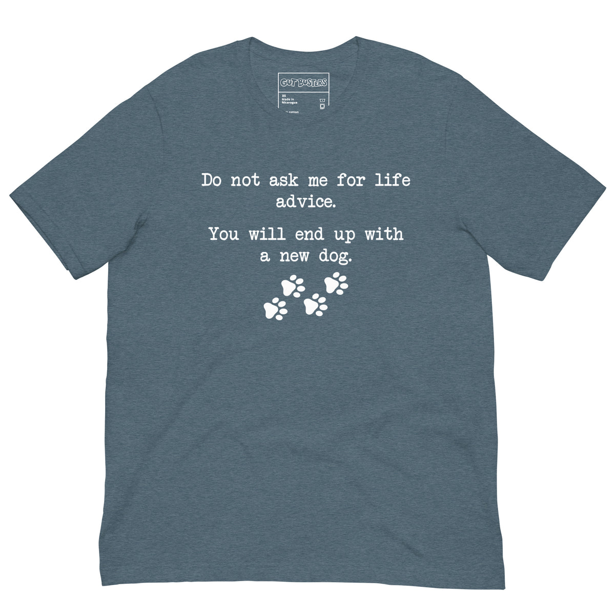 Funny "Don't Ask Me For Advice" graphic printed on a heather slate unisex tee, front view
